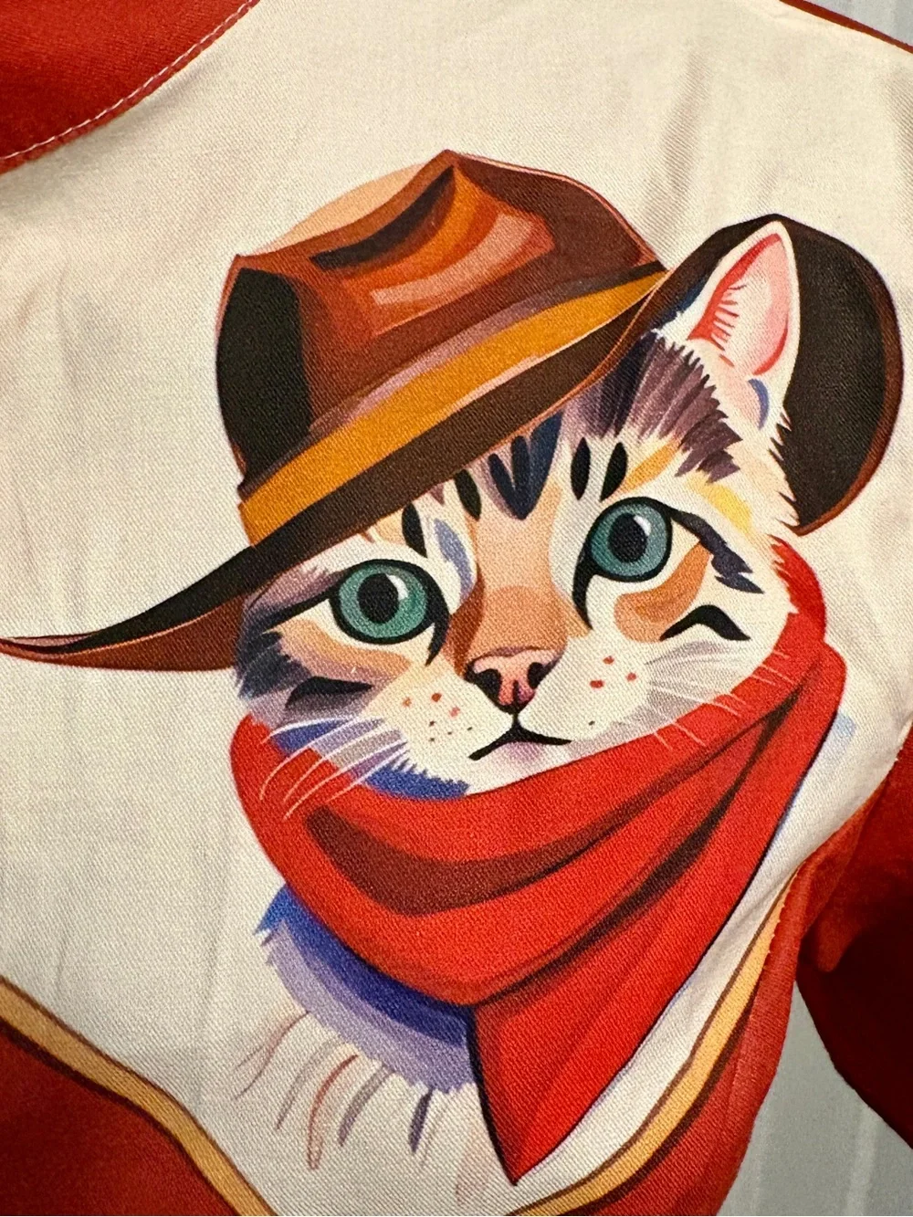 A Western Cute Cat Cowboy Red Cotton Metal Snap Front Dress, Womens size Small